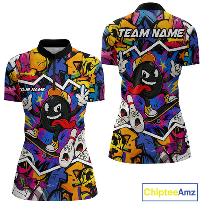 Colorful graffiti pattern Funny Bowling polo, quarter zip shirts for Women custom Bowling team jersey NQS10389