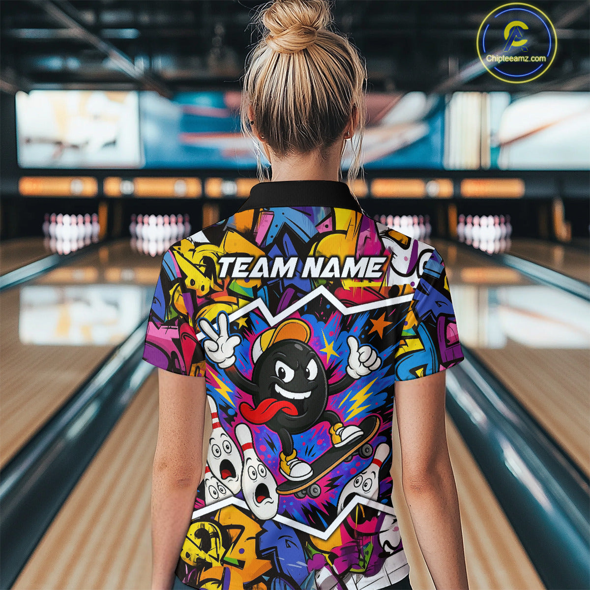 Colorful graffiti pattern Funny Bowling polo, quarter zip shirts for Women custom Bowling team jersey NQS10389