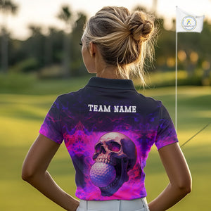 Custom Pink Flame Golf skull Halloween Women golf polo shirt, Personalized Team Skull golf outfit NQS10400