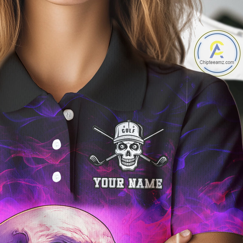 Custom Pink Flame Golf skull Halloween Women golf polo shirt, Personalized Team Skull golf outfit NQS10400