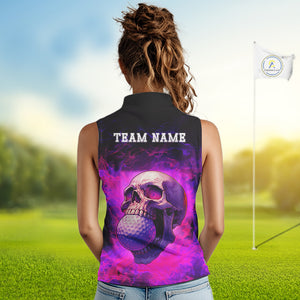 Custom Pink Flame Golf skull Halloween Sleeveless polo shirt, Personalized Team Skull golf outfit NQS10400