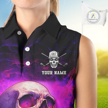Custom Pink Flame Golf skull Halloween Sleeveless polo shirt, Personalized Team Skull golf outfit NQS10400