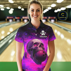 Custom Pink Flame Skull Halloween Bowling Shirts For Women, Personalized Team Bowling Jersey outfit NQS10401