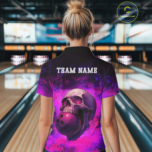 Custom Pink Flame Skull Halloween Bowling Shirts For Women, Personalized Team Bowling Jersey outfit NQS10401