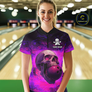 Custom Pink Flame Skull Halloween Bowling Shirts For Women, Personalized Team Bowling Jersey outfit NQS10401