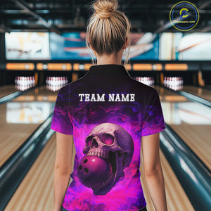 Custom Pink Flame Skull Halloween Bowling Shirts For Women, Personalized Team Bowling Jersey outfit NQS10401