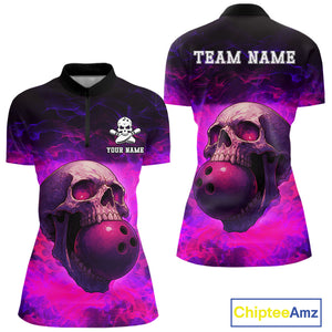 Custom Pink Flame Skull Halloween Bowling Shirts For Women, Personalized Team Bowling Jersey outfit NQS10401