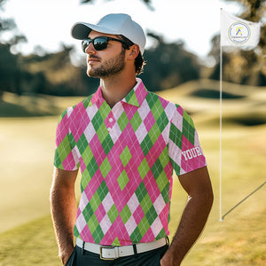 Pink and Green argyle pattern Mens golf polo shirt custom golf jerseys, personalized golf apparel NQS10408