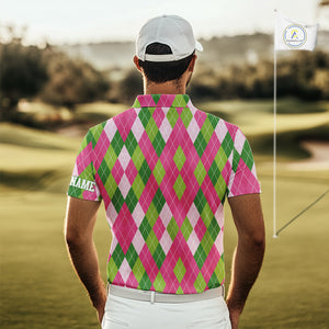Pink and Green argyle pattern Mens golf polo shirt custom golf jerseys, personalized golf apparel NQS10408