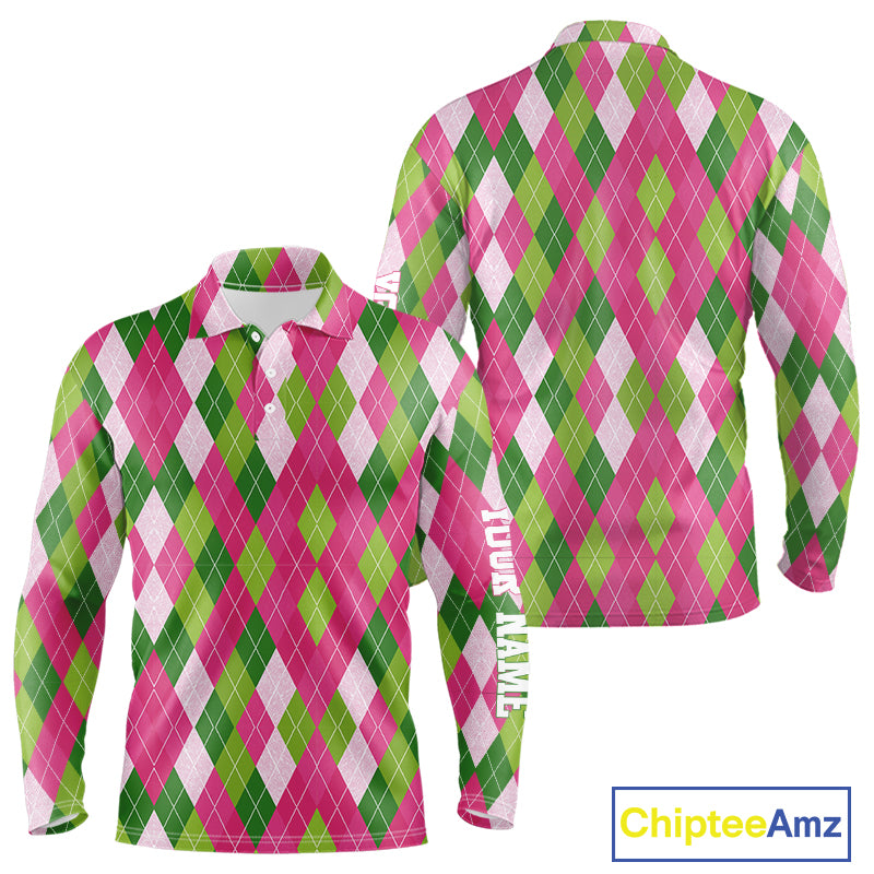 Pink and Green argyle pattern Mens golf polo shirt custom golf jerseys, personalized golf apparel NQS10408