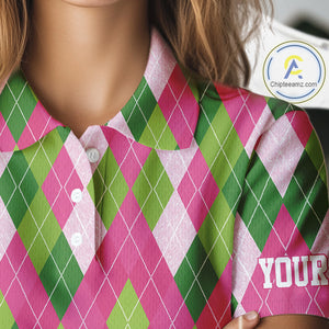 Pink and Green argyle pattern Women golf polo shirt custom golf jerseys, personalized golf apparel NQS10408