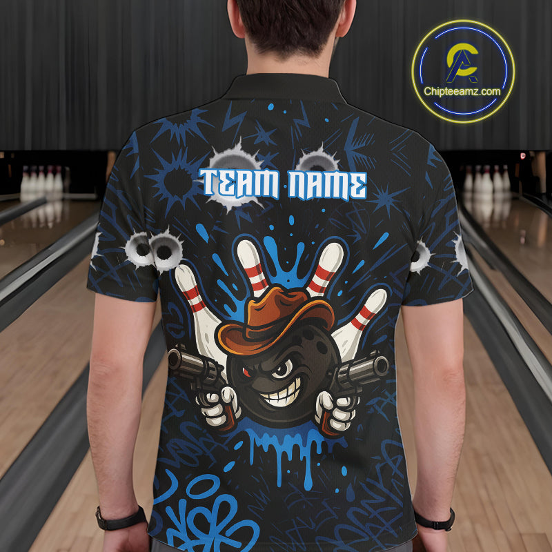 Funny Black and Blue Bowling Cowboy gun Men bowling polo, 1/4 zip shirts Custom bowling team jersey NQS10617