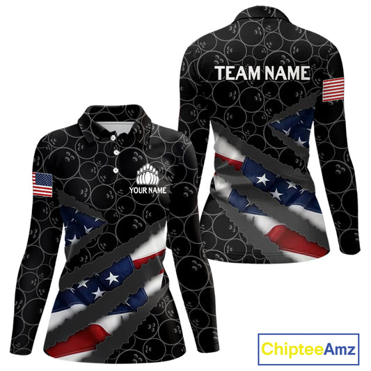 American Flag Women Bowling Shirt Custom Bowling Jersey for Team Patriotic Bowler Polo, 1/4 zip Shirt NQS10427
