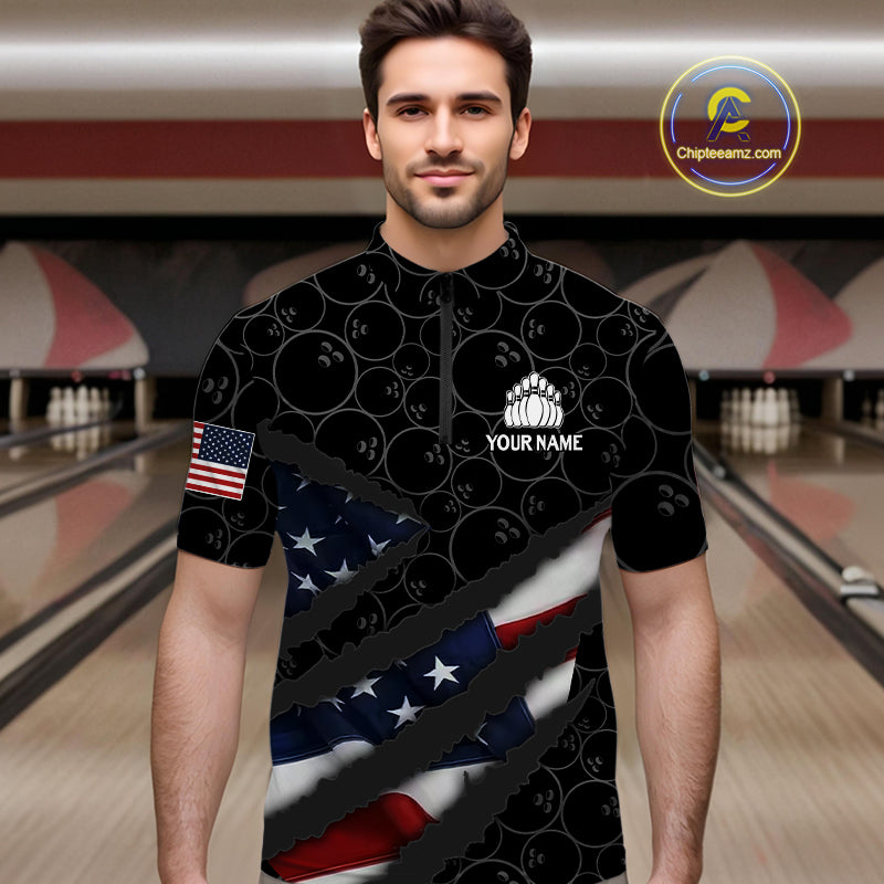 American Flag Mens Bowling Shirt Custom Bowling Jersey for Team Patriotic Bowlers Polo, 1/4 zip Shirt NQS10427