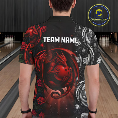 Red Dragon Roses Pattern Custom Bowling Polo, Quarter Zip shirts For Men, Dragon Bowling League Shirt NQS10626