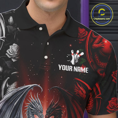 Red Dragon Roses Pattern Custom Bowling Polo, Quarter Zip shirts For Men, Dragon Bowling League Shirt NQS10626