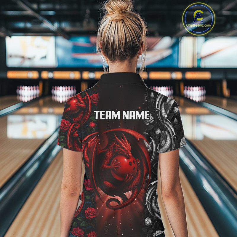 Red Dragon Roses Pattern Custom Bowling Polo, 1/4 Zip shirts For Women, Dragon Bowling League Shirt NQS10626