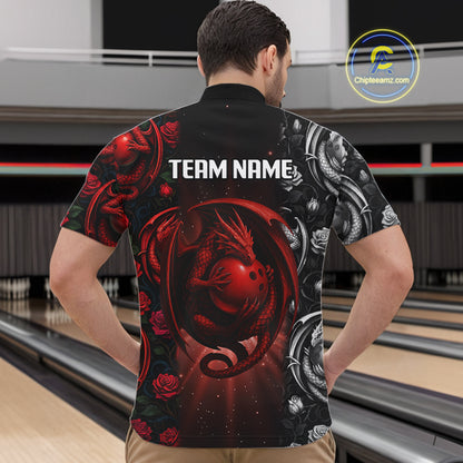 Red Dragon Roses Pattern Custom Bowling Polo, Quarter Zip shirts For Men, Dragon Bowling League Shirt NQS10626