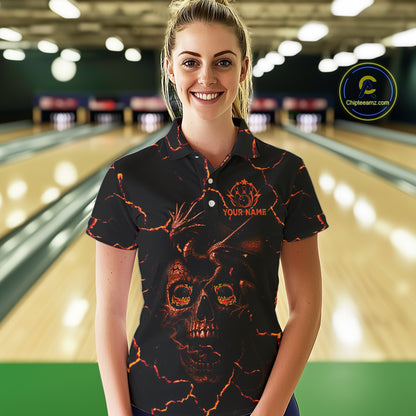 Black And Orange Skull Dragon Bowling Polo, 1/4 Zip Shirt For Women Custom Bowling Team League Jersey NQS10629