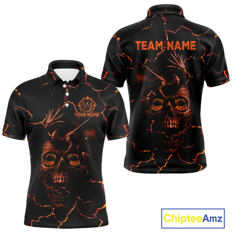 Black And Orange Skull Dragon Bowling Polo, 1/4 Zip Shirt For Men Custom Bowling Team League Jersey NQS10629