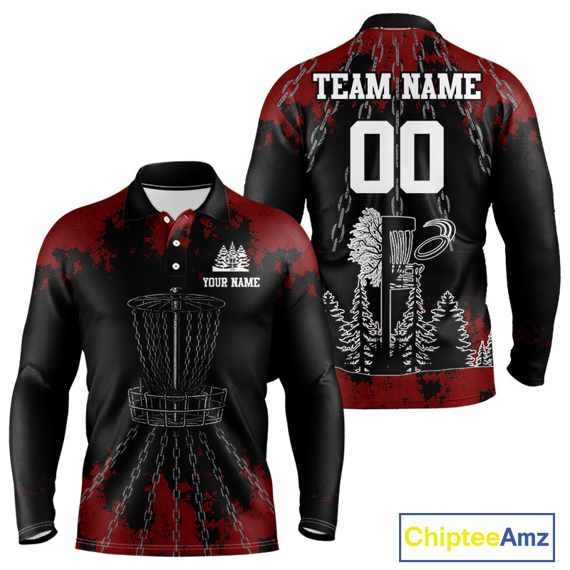 Black and Red Disc golf basket chain Men disc golf polo shirt custom number disc golf outfit for team NQS10438