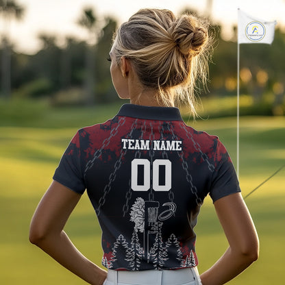 Black and Red Disc golf basket chain Women disc golf polo shirt custom disc golf outfit for team NQS10438