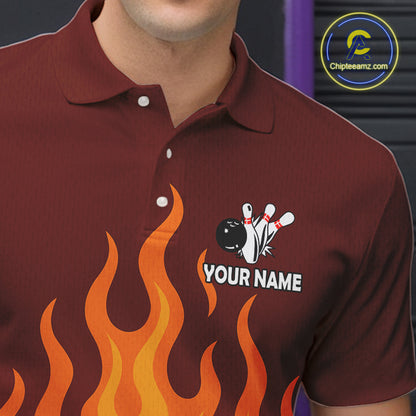 Orange Flame Bowling Polo, Quarter Zip Shirts for Men Custom Bowling Team League Jersey NQS10445