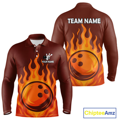 Orange Flame Bowling Polo, Quarter Zip Shirts for Men Custom Bowling Team League Jersey NQS10445