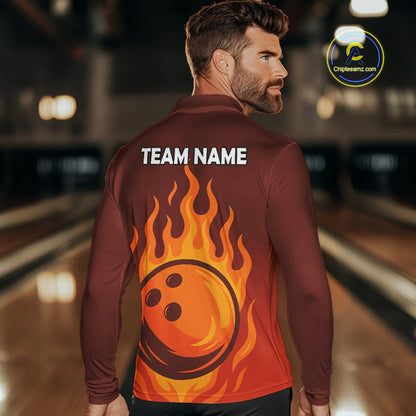Orange Flame Bowling Polo, Quarter Zip Shirts for Men Custom Bowling Team League Jersey NQS10445