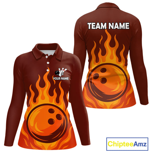 Orange Flame Bowling Polo, Quarter Zip Shirts for Women Custom Bowling Team League Jersey NQS10445