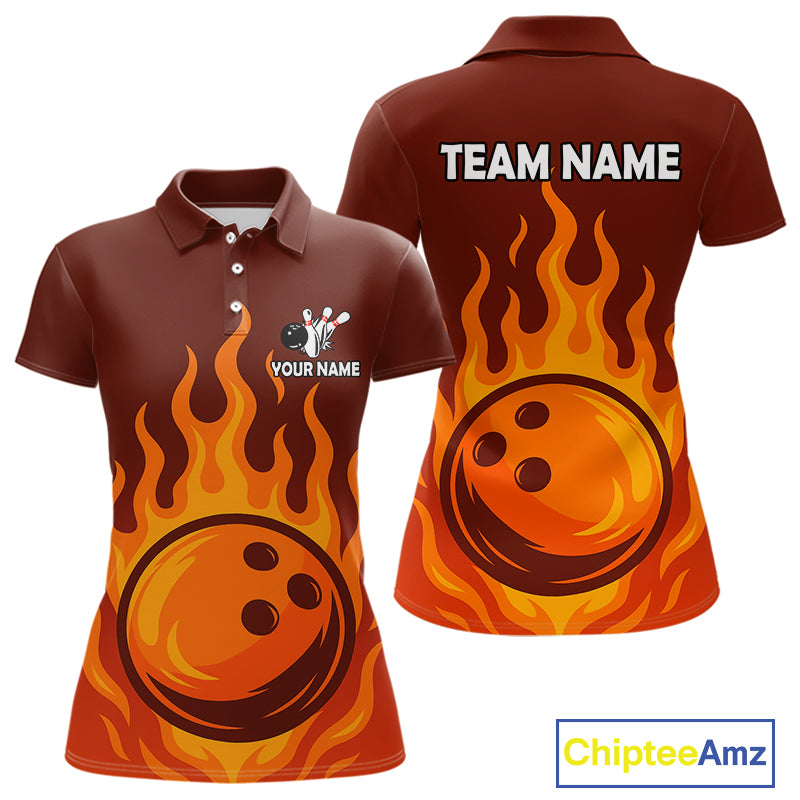 Orange Flame Bowling Polo, Quarter Zip Shirts for Women Custom Bowling Team League Jersey NQS10445