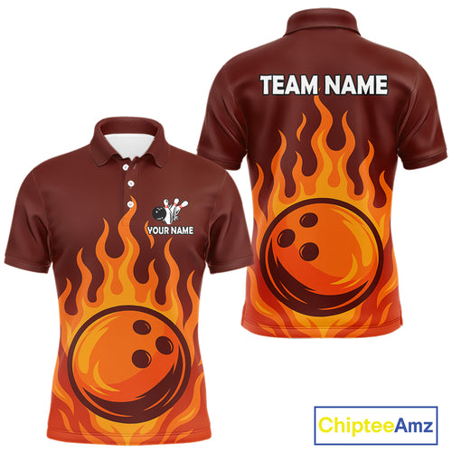 Orange Flame Bowling Polo, Quarter Zip Shirts for Men Custom Bowling Team League Jersey NQS10445