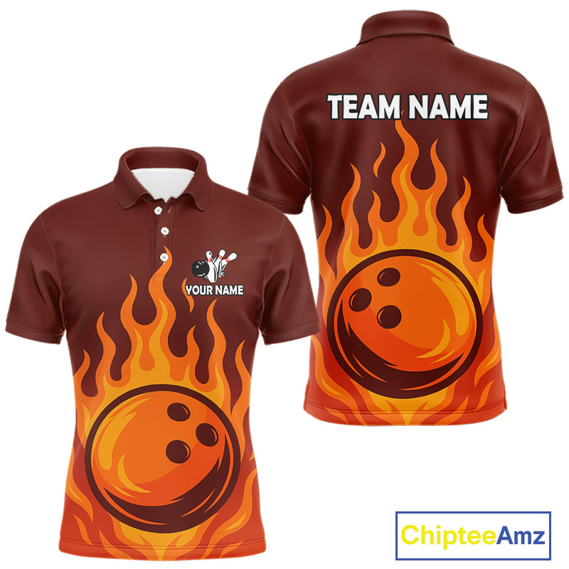 Orange Flame Bowling Polo, Quarter Zip Shirts for Men Custom Bowling Team League Jersey NQS10445