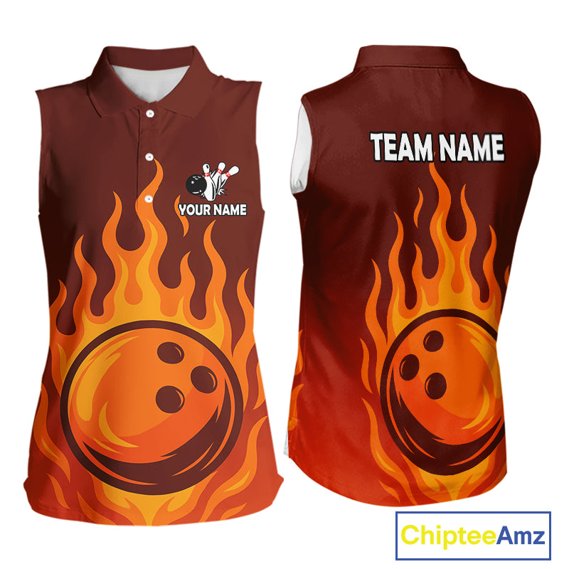 Orange Flame Bowling Sleeveless Polo Shirt Custom Bowling Team League Jersey NQS10445