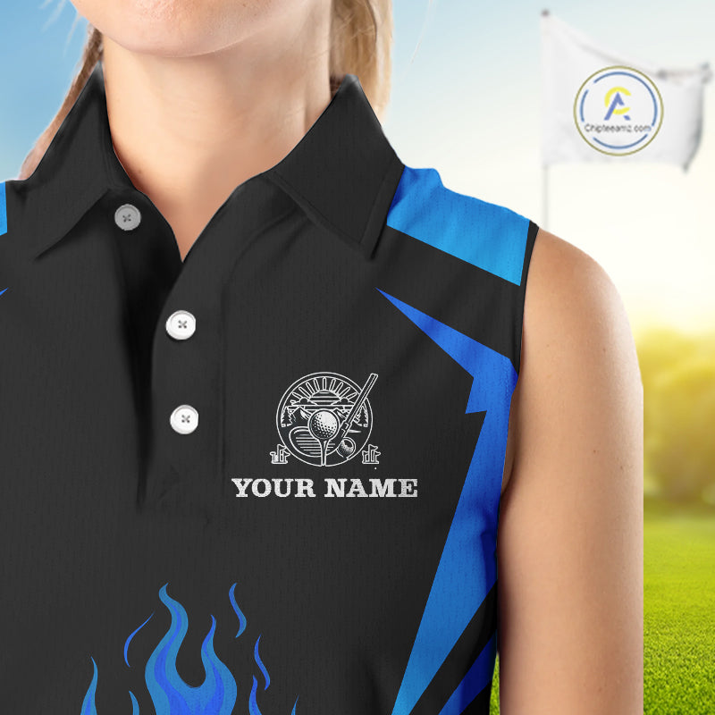 Black and Blue Flame Golf Ball Women sleeveless polo shirt custom golf attire for ladies NQS10448