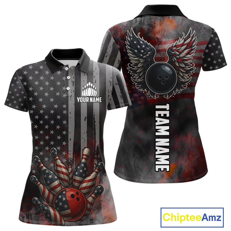 Black Smoke American Flag Bowling wings Shirts For Women Custom Patriotic Bowling Team League Jersey NQS10632