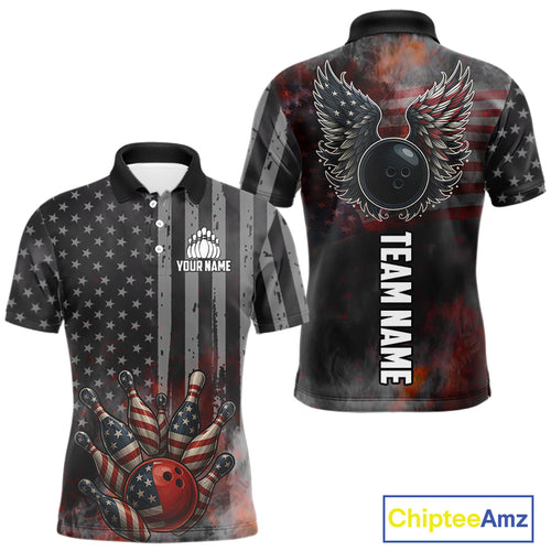 Black Smoke American Flag Bowling wings Shirts For Men Custom Patriotic Bowling Team League Jersey NQS10632