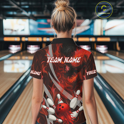 Red Flame Skull Bowling Polo, Quarter Zip shirts For Women Custom Halloween Team Bowling Outfit NQS10636