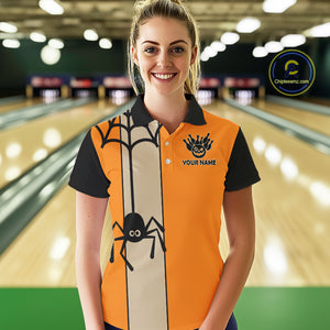 Orange and Black Halloween Retro Bowling Polo, 1/4 Zip Shirts For Women Custom Bowling Team Shirt NQS10464
