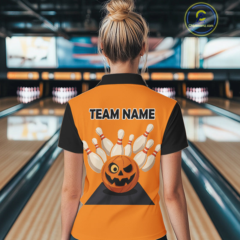 Orange and Black Halloween Retro Bowling Polo, 1/4 Zip Shirts For Women Custom Bowling Team Shirt NQS10464