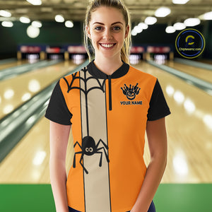 Orange and Black Halloween Retro Bowling Polo, 1/4 Zip Shirts For Women Custom Bowling Team Shirt NQS10464