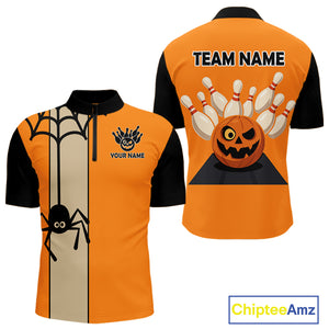 Orange and Black Halloween Retro Bowling Polo, 1/4 Zip Shirts For Men Custom Bowling Team Shirt NQS10464