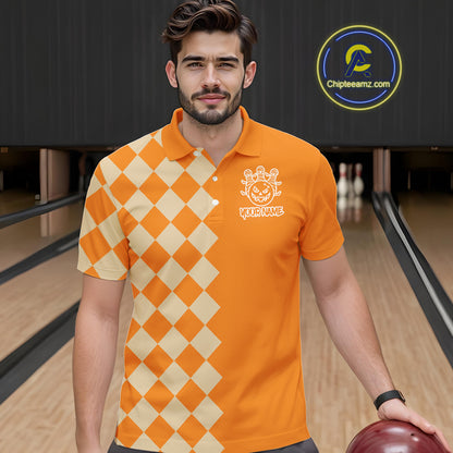 Orange Argyle Pattern Custom Halloween Mens Bowling Shirts, Personalized Bowling Team Shirt NQS10466