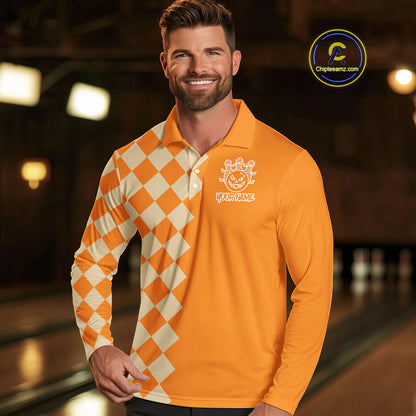 Orange Argyle Pattern Custom Halloween Mens Bowling Shirts, Personalized Bowling Team Shirt NQS10466