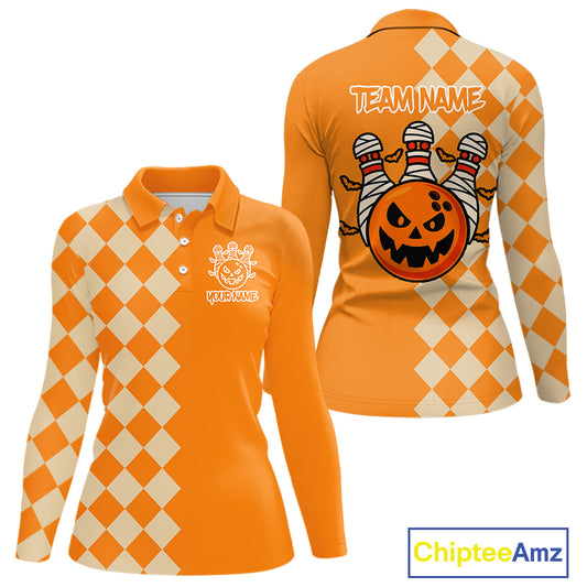 Orange Argyle Pattern Custom Halloween Ladies Bowling Shirts, Personalized Bowling Team Shirt NQS10466