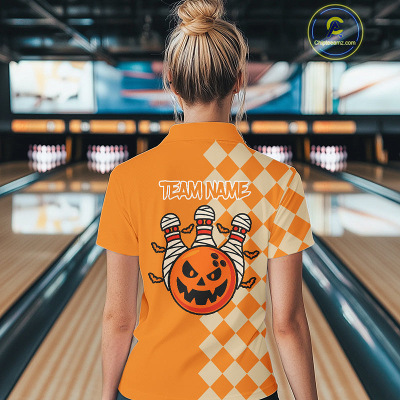 Orange Argyle Pattern Custom Halloween Ladies Bowling Shirts, Personalized Bowling Team Shirt NQS10466