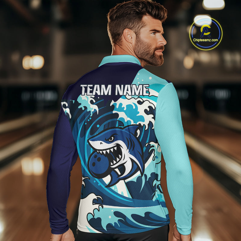 Custom Blue Shark Bowling Polo, Quarter Zip Shirts For Men, Personalized Shark Bowling Team Shirt NQS10469