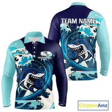 Load image into Gallery viewer, Custom Blue Shark Bowling Polo, Quarter Zip Shirts For Men, Personalized Shark Bowling Team Shirt NQS10469