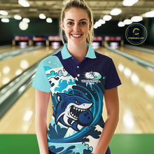 Load image into Gallery viewer, Custom Blue Shark Bowling Polo, Quarter Zip Shirts For Ladies, Personalized Shark Bowling Team Shirt NQS10469