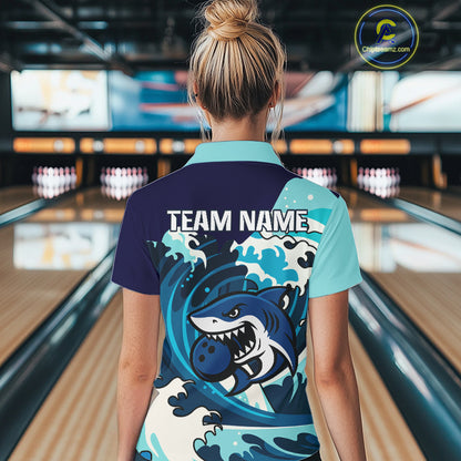 Custom Blue Shark Bowling Polo, Quarter Zip Shirts For Ladies, Personalized Shark Bowling Team Shirt NQS10469